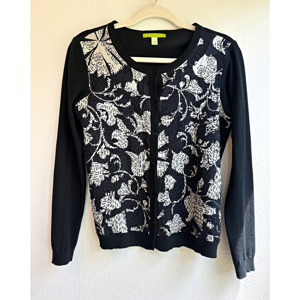 Sigrid Olsen Black/White Floral Knit Round Neck Button Cardigan Sweater M